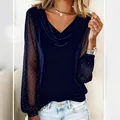 Elegant navy blue velvet V-neck top featuring sparkling rhinestone mesh sleeves for women - S / Tops / Dark Blue