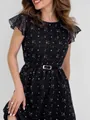 Detail of a black French style A-line dress with white heart prints and ruffles - XL/48 / Black With White Heart