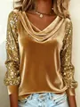 Elegant golden velvet cowl neck top with shimmering sequined sleeves for women's fashion. - S / Gold