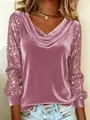 Elegant mauve velvet cowl neck top with shimmering sequin patchwork sleeves - S / Pink