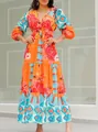 Detailed view of bohemian printed V-neck maxi dress with tiered skirt design - S / Top And Bottom (FY023) / Vintage Ethnic Print