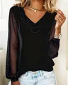 Elegant black V-neck T-shirt with mesh sleeves and sparkly hot drill accents - S / Tops / Black