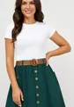 Close-up view of a stylish green A-line midi skirt with buttons and woven belt - S / Bottoms / Dark Green