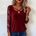 Elegant wine red V-neck top featuring sequin patchwork long sleeves and ribbed texture - S / Tops / Red