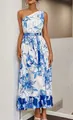 One-shoulder blue and white floral maxi dress sleeveless vacation long dress with belt - S / Sea Blue Floral Print Style (FY029)