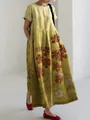 Detailweergave van losse maxi-jurk met bloemenprint in Tokyo-stijl, mosterdgeel - S / Bovenstuk (FY033) / Vijfbladig Klavertje
