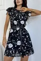 Detailed close-up of a black floral A-line mini dress with flutter sleeves and belt - XL/48 / Top And Bottom / Black With Large White Floral
