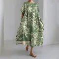 Elegante abito lungo verde con stampa orientale di pini bianchi e vestibilità ampia - Prugna verde