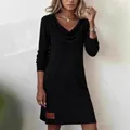 Slim-fit black long-sleeve knit dress with elegant cowl neck for autumn - S / Top And Bottom / Black