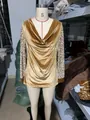 Women's golden velvet cowl neck top with shimmering sequin patchwork long sleeves - Gold (Warehouse Live Photo)
