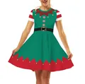 Women's festive Christmas elf pattern dress with 3D digital print and high waist - S / Top And Bottom / Christmas Elf Green (HYC5556)