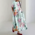 Abito lungo ampio a fiori con eleganti motivi di gru e crisantemi stile orientale - Crisantemo Scuro