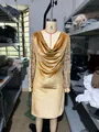 Gold velvet dress with sequin patchwork long sleeves and cowl neck on mannequin - Champagne