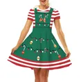 Women festive Christmas green digital print dress with candy cane and striped sleeves - S / Top And Bottom / Christmas Decor Print (HYC5559)