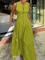 Close-up of olive green sleeveless maxi dress featuring a front zipper and high waist - S / Bottoms / Green