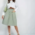 Sage green mid-length A-line skirt with elastic waist and single-breasted buttons - S / Bottoms / Light Green