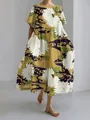 Elegante losse maxi-jurk voor dames in Tokyo-stijl met bloemenprint in mosterd en marine - S / Bovenstuk (FY033) / Wit madeliefje
