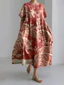 Losse maxi-jurk in Tokyo-stijl met traditionele natuurprint in rood en crème finish - S / Bovenstuk (FY033) / Rode Pruim