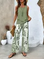 Casual olive green two-piece set with sleeveless top and leaf print wide-leg pants - XS / Top And Bottom / Olive Green Print