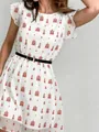 French style white A-line dress with red architectural print and black belt detail - XL/48 / White With Red Architecture Print