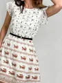 Elegant white French style A-line dress featuring heart and horse carriage prints with belt - XL/48 / Heart And Carriage Print