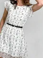 French style white A-line dress with flutter sleeves and heart bottle pattern - XL/48 / Wine Bottle And Heart Print