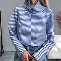 Women's elegant blue and white striped long sleeve blouse with high neck and gold buttons - S / Tops / Blue