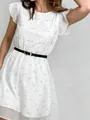 White French flutter sleeve A-line dress with cute polar bear print and black belt. - XL/48 / Top And Bottom / White Polar Bear Print