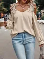 Elegant off-the-shoulder blouse featuring floral lace trim and lantern sleeves - S / Tops / Apricot