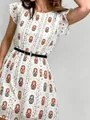 French style white A-line dress featuring Matryoshka print and chic flutter sleeves - XL/48 / Top And Bottom / White Base Matryoshka Tree Print