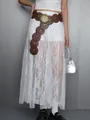 Detailed view of white floral lace semi-sheer maxi skirt with stylish layering - S / Bottoms / White