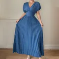 Elegant short-sleeved blue pleated maxi dress for women, spring daily fashion - S / Blue