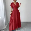 Elegant pleated wine red V-neck maxi dress with short sleeves and high waist design - M / Red