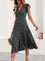 Detail view of floral v-neck midi dress with buttons and flutter sleeves. - S / Black