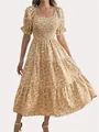 Yellow floral square neck midi dress with smocked bodice and puff sleeves - S / Khaki