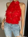 Close-up detail of a vibrant red mesh halter neck top with textured fringe layers - S / Tops / Red
