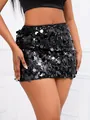Close-up of black large disc sequin mini skirt for party and music festival wear. - XL / Bottoms / Black