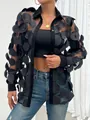 Detailed close-up shot of 3D floral appliqués on a chic sheer black mesh shirt for women - S / Top And Bottom / Black