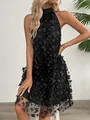 Detail of a black halter dress featuring elegant 3D butterfly appliqués in French style. - S / Top And Bottom / Black