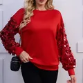 Sudadera navideña roja festiva con mangas de lentejuelas glamorosas y un ajuste holgado y cómodo - S / Tops / Rojo