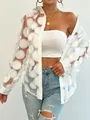 Detail of white mesh shirt featuring 3D floral appliqués and sheer long sleeves. - S / Top And Bottom / White