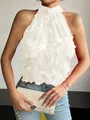 Detail of white sleeveless halter neck top with layered fringe and feather texture. - S / Tops / Apricot