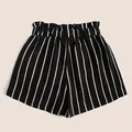 High-waisted black and white vertical striped casual shorts with elastic paperbag waist - S / Bottoms / Black
