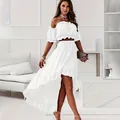 Elegant white off-shoulder crop top and high-low ruffled maxi skirt two-piece set - M / Top And Bottom / White