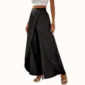 Elegant black high-waisted wide-leg overlap trousers with a loose fit for women - S / Bottoms / Black