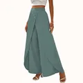Women's elegant high-waist sage green wrap-front wide-leg trousers for casual chic style - S / Bottoms / Green