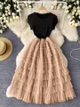 French style summer dress with black top and layered beige tulle skirt details - S / Single Item / Black/Khaki
