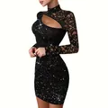 Elegant black sexy lace hollow long sleeve bodycon dress with glitter and high neck - L / Top And Bottom / Black