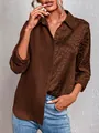 Detailed view of women's leopard print contrast long sleeve shirt with Polo collar - S / Tops / Dark Brown