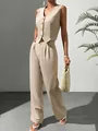 Full view of elegant beige sleeveless V-neck vest and high-waist wide-leg pants set - S / Top And Bottom / Apricot